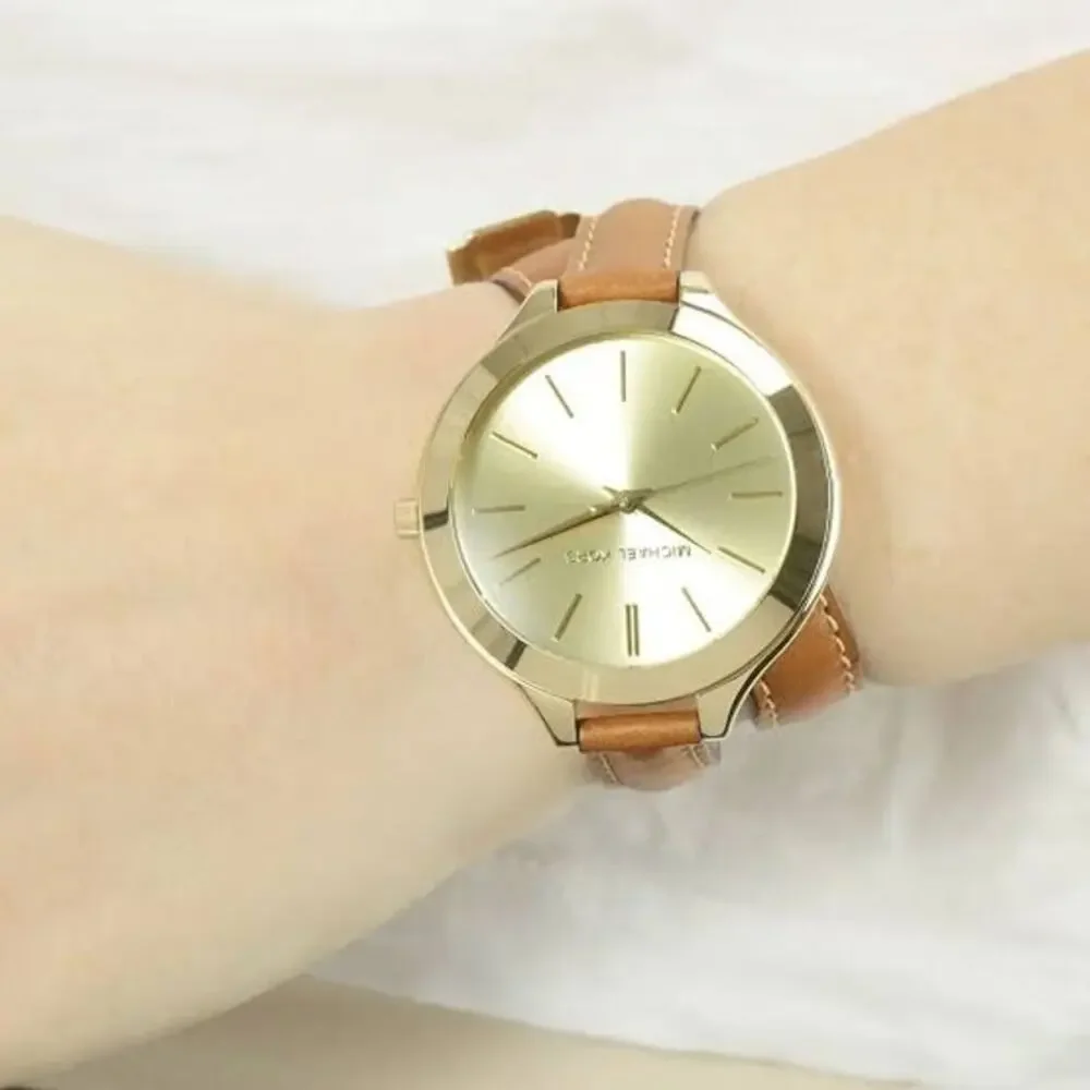 Michael Kors Women's Slim Runway Gold Dial Leather Band Double-Wrap Watch F15-15